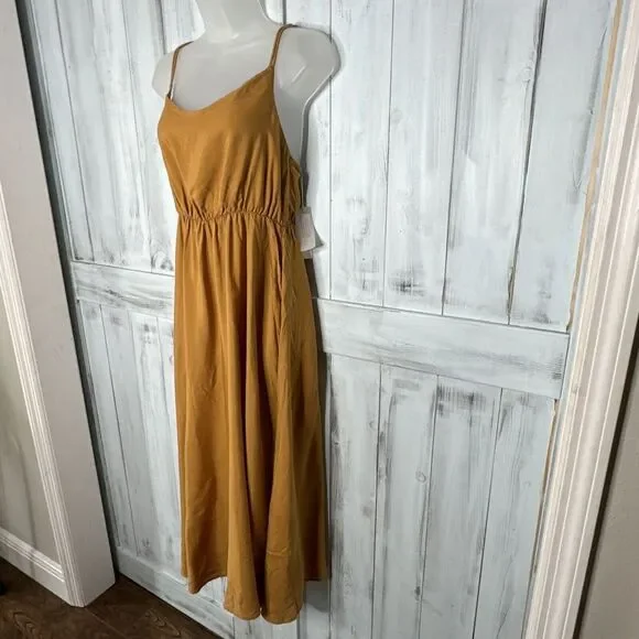 NWT Outerknown La Luna Golden Yellow Cami Silk Blend Strappy Back‎ Midi Dress S